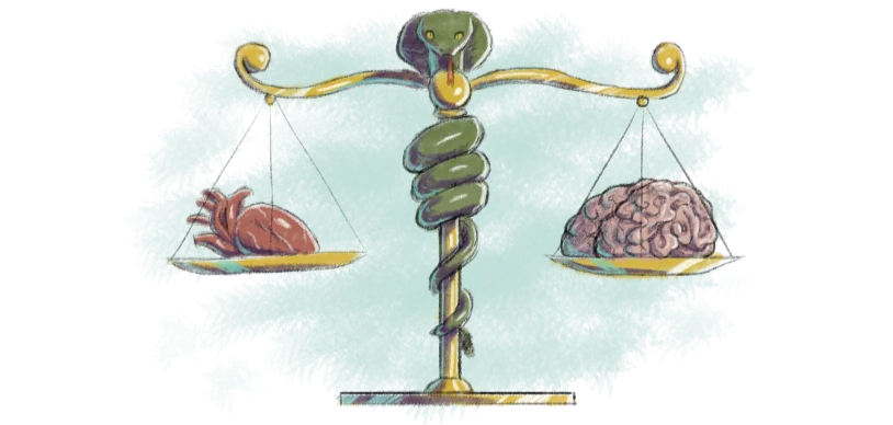Illustration of a scale with a snake involved, on the left side of the scale there is a heart and on the right side there is a brain.