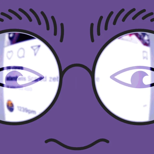 Purple animated face wearing glasses