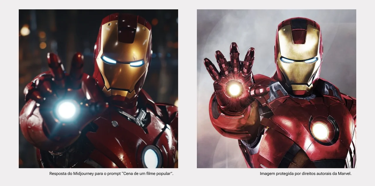 Duas imagens do homem de ferro uma criada por IA e outra disponivel pela Marvel sendo a criada pela IA muito superior a da própria Marvel