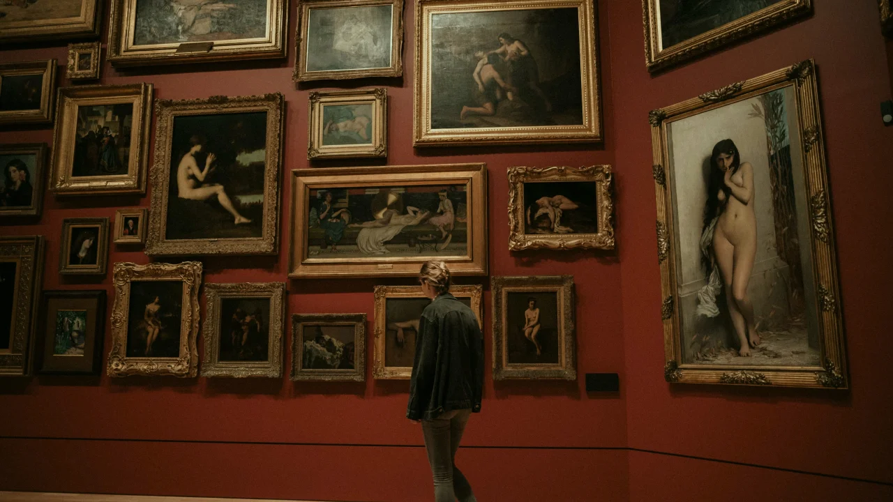 Una mujer en un museo mirando cuadros
